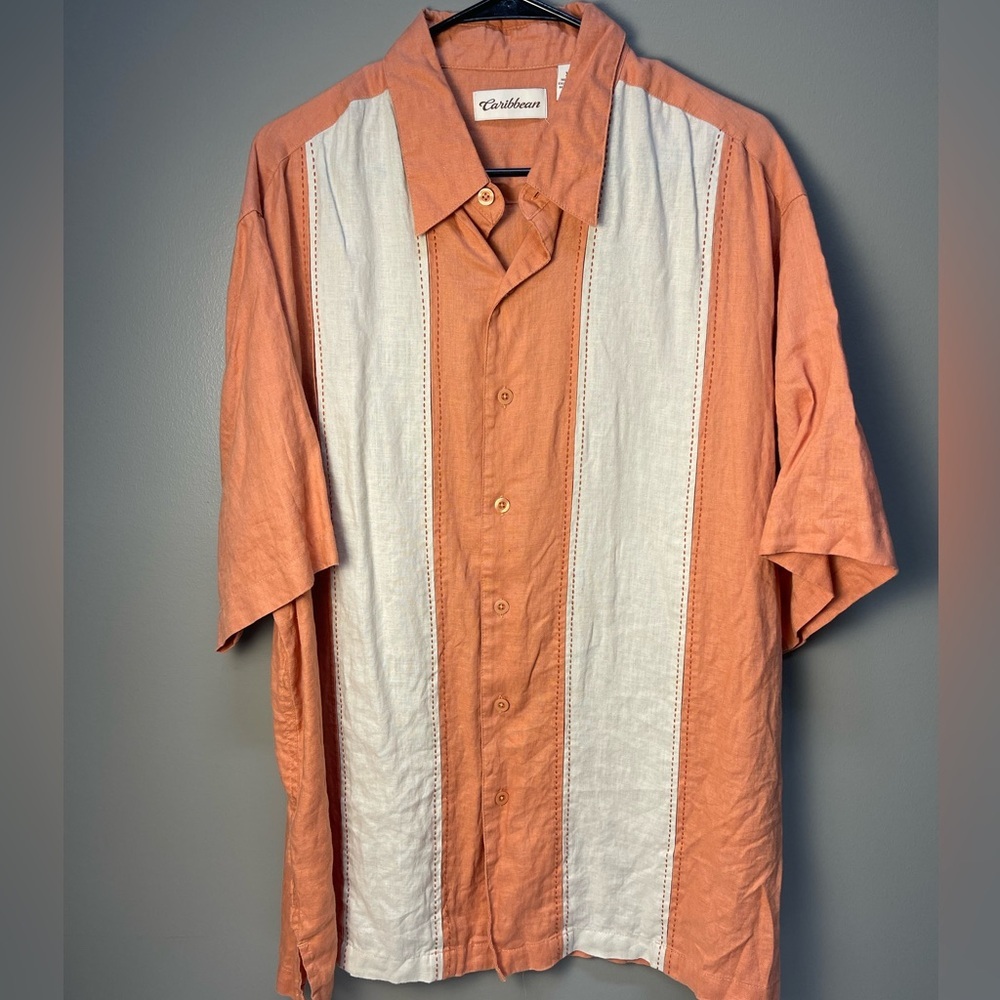 Caribbean Men's Casual Linen Orange and White Button Down Shirt